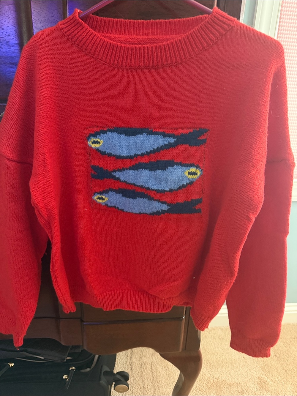 Red Sweater with Blue Fish Intarsia
